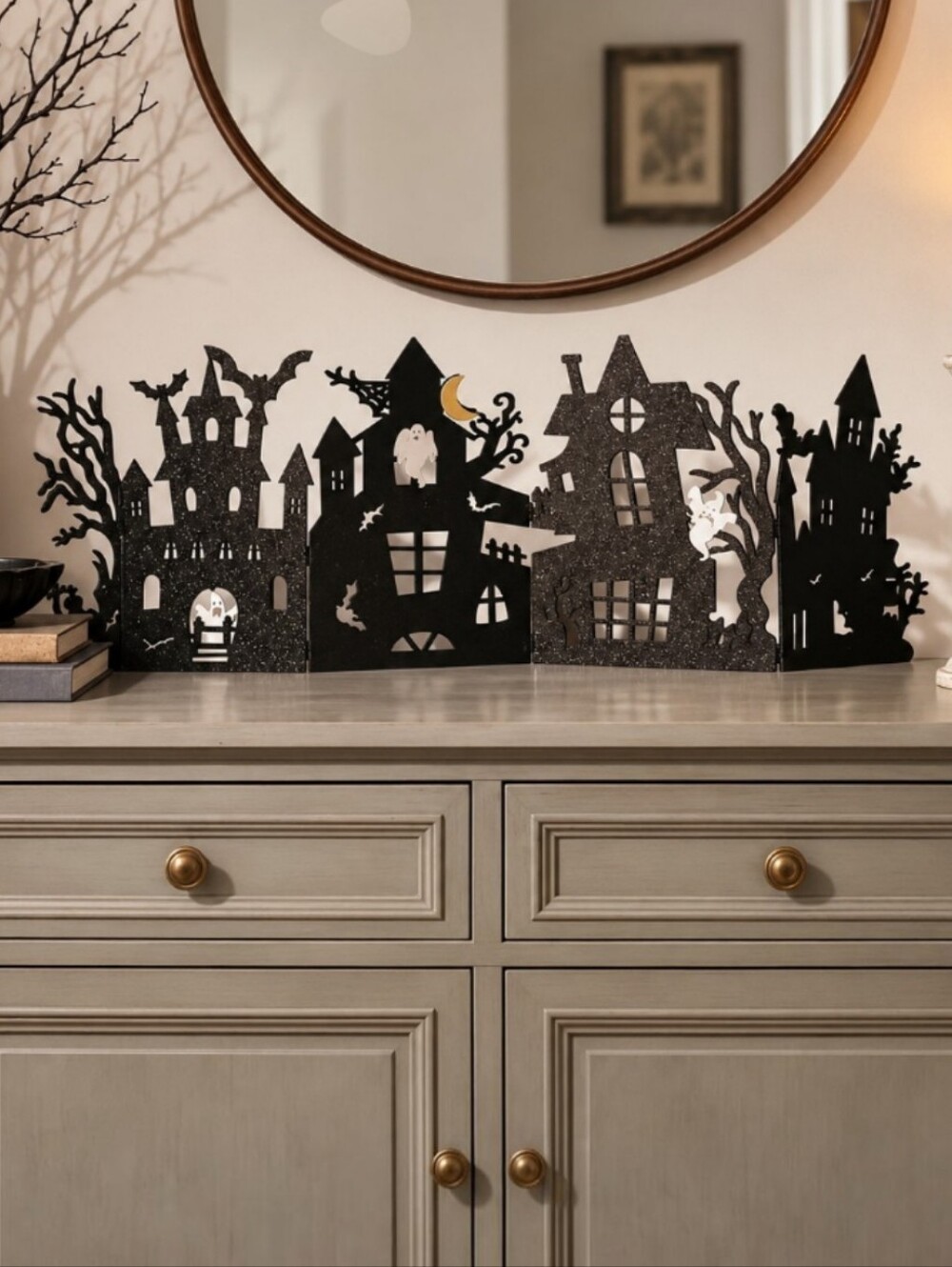 Martha Stewart Black Glitter Halloween Silhouette Haunted House Mantel Decor NIB